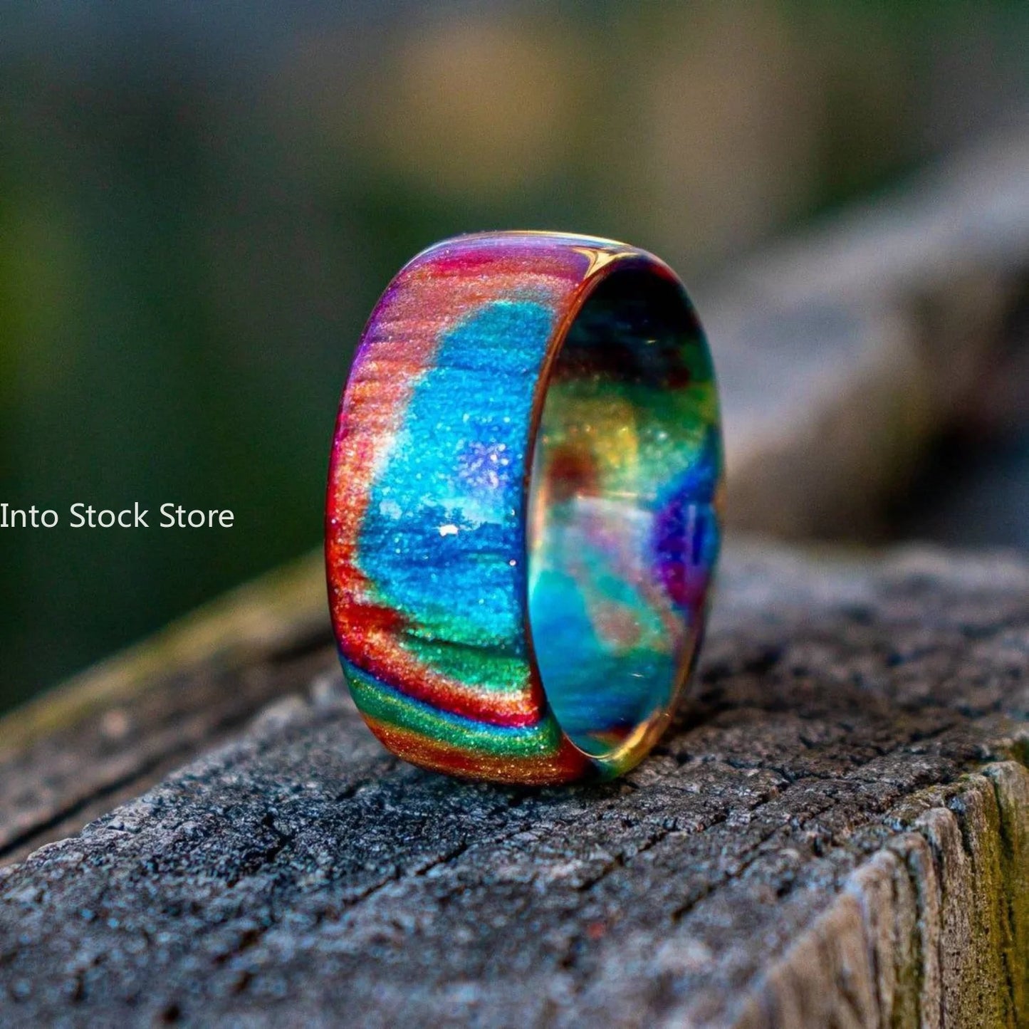 Sternenhimmel-Ring aus Acrylharz, bunter Regenbogen, Damen-Zeigefingerring, 7 Farben, Feueropal-Ringe für Frauen