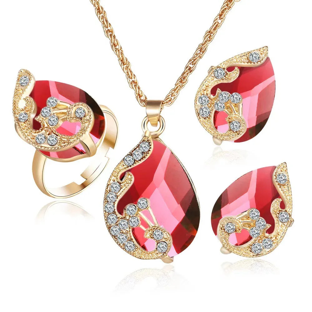 3PCS Pfau Edelstein Dame Schmuck Set Temperament Glänzenden Kristall Waterdrop Halskette Hoop Ohrring Ring Gold Farbe Abend Schmuck
