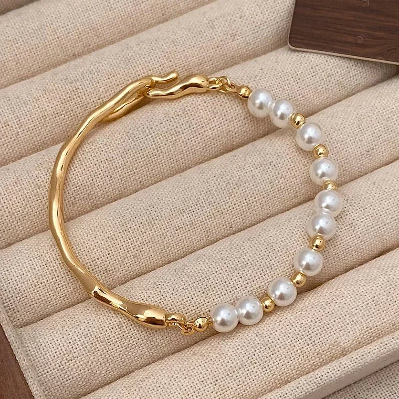 Runde Armreifen aus 925er-Sterlingsilber mit Perlenperlen für Damen, trendiger, minimalistischer, geometrischer, feiner Schmuck, unregelmäßige Accessoires
