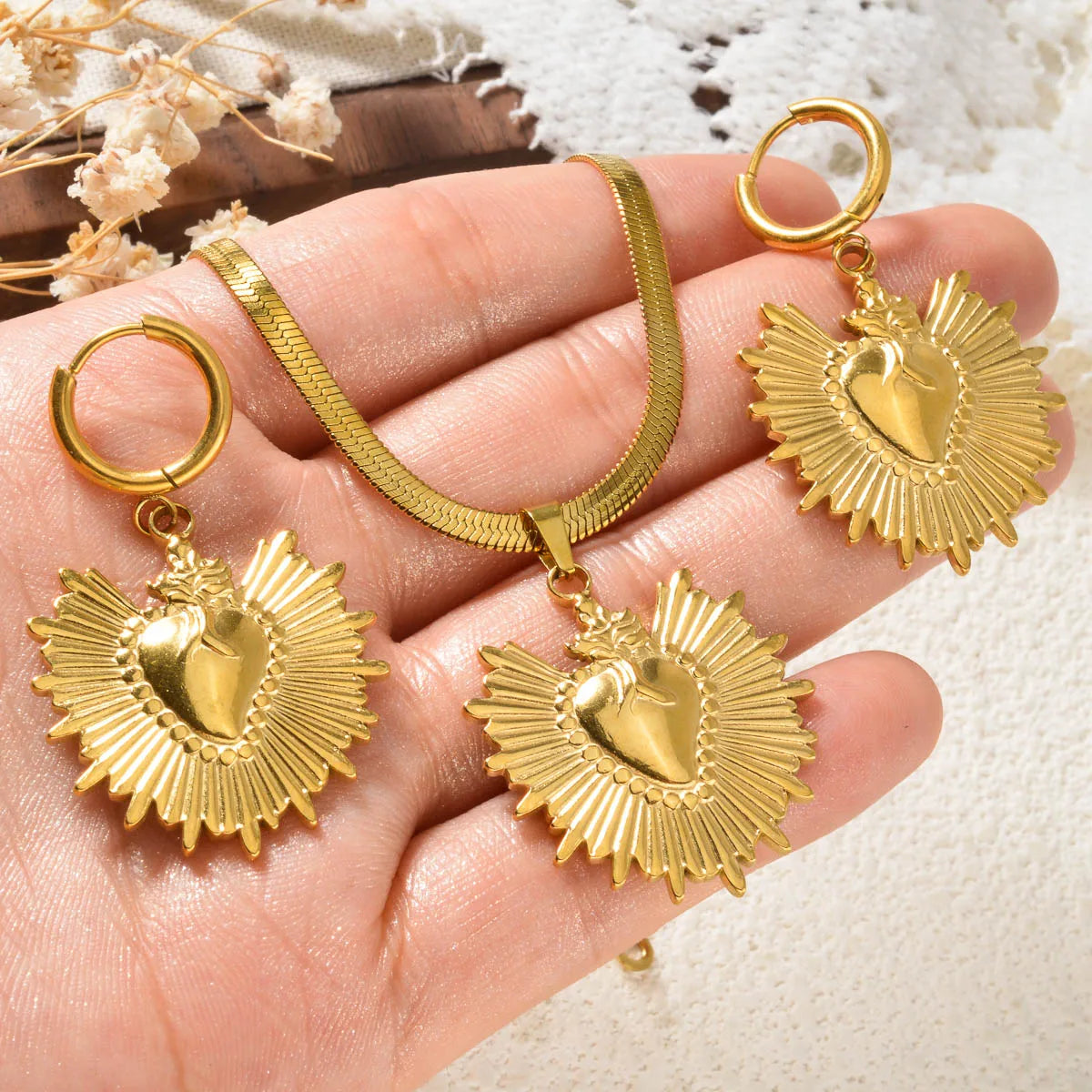 Trend Mond Sterne Hohl Anhänger Edelstahl Halskette Ohrringe Set Für Frauen Fashion Party 18K Gold-Überzogene Schmuck Set geschenk
