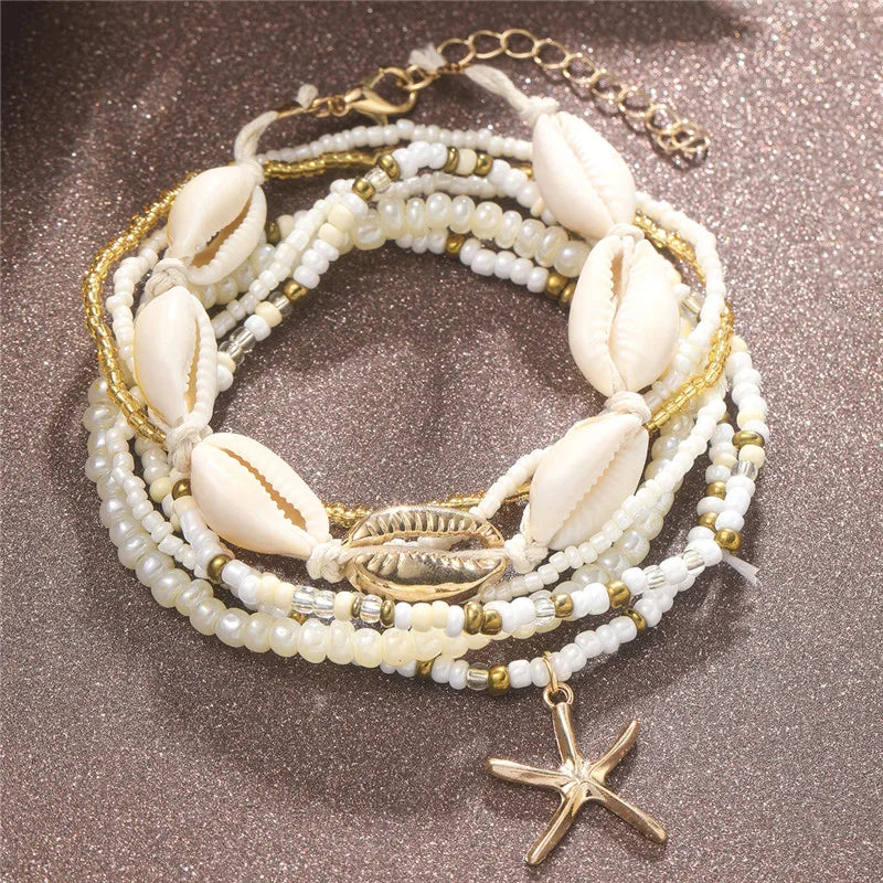 Fußkettchen-Set mit Seestern-Perlen, Perlenkette für Damen, Charm, Fußkettchen am Bein, handgefertigter Schmuck, Geschenke, Sommer, Strand, Mode