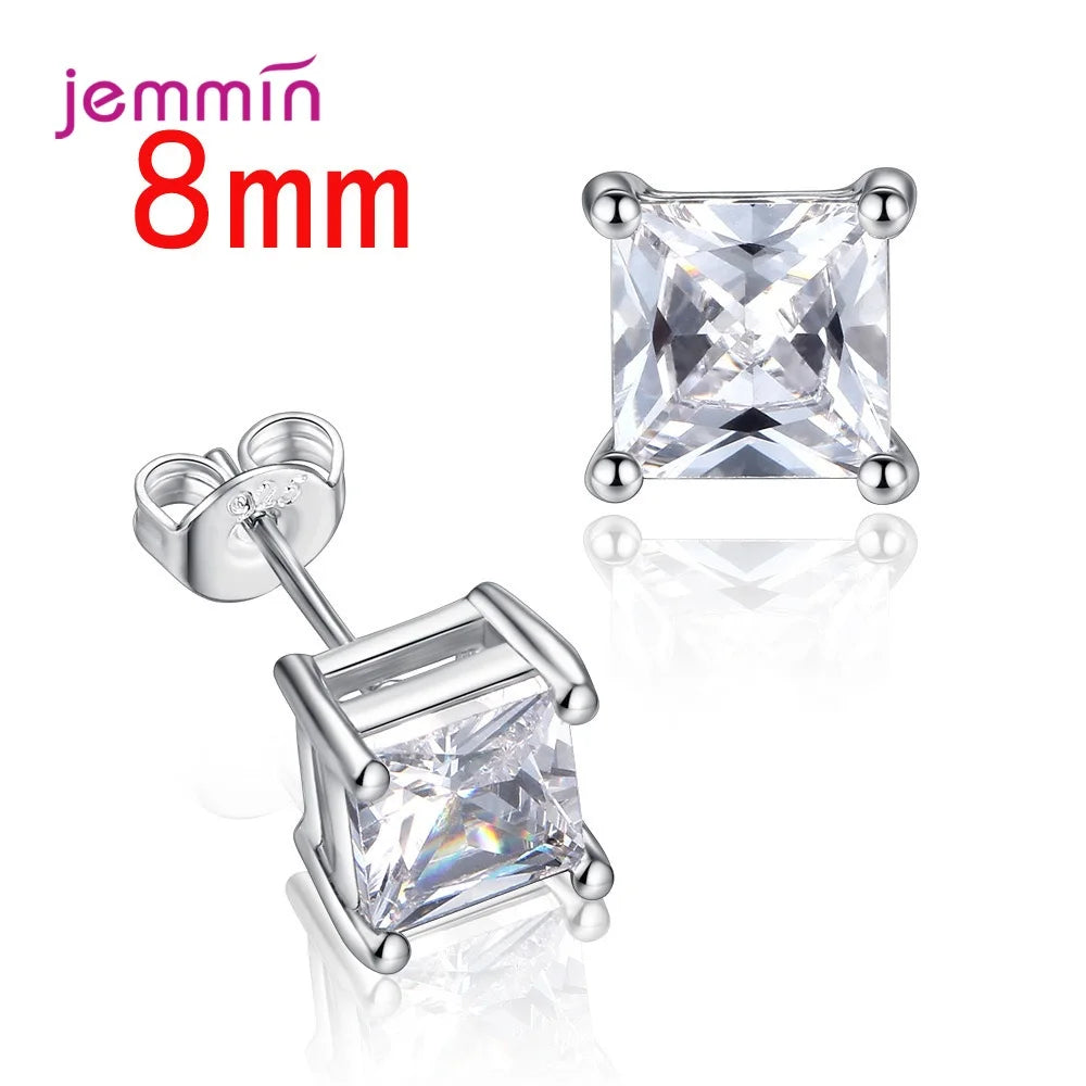 Großer Ausverkauf! Exquisite 925er Silber-Schmuckzubehör, geometrisch, quadratisch, mehrere Größen, 5–8 mm, 4 Krallen, CZ-Zirkonia-Ohrstecker