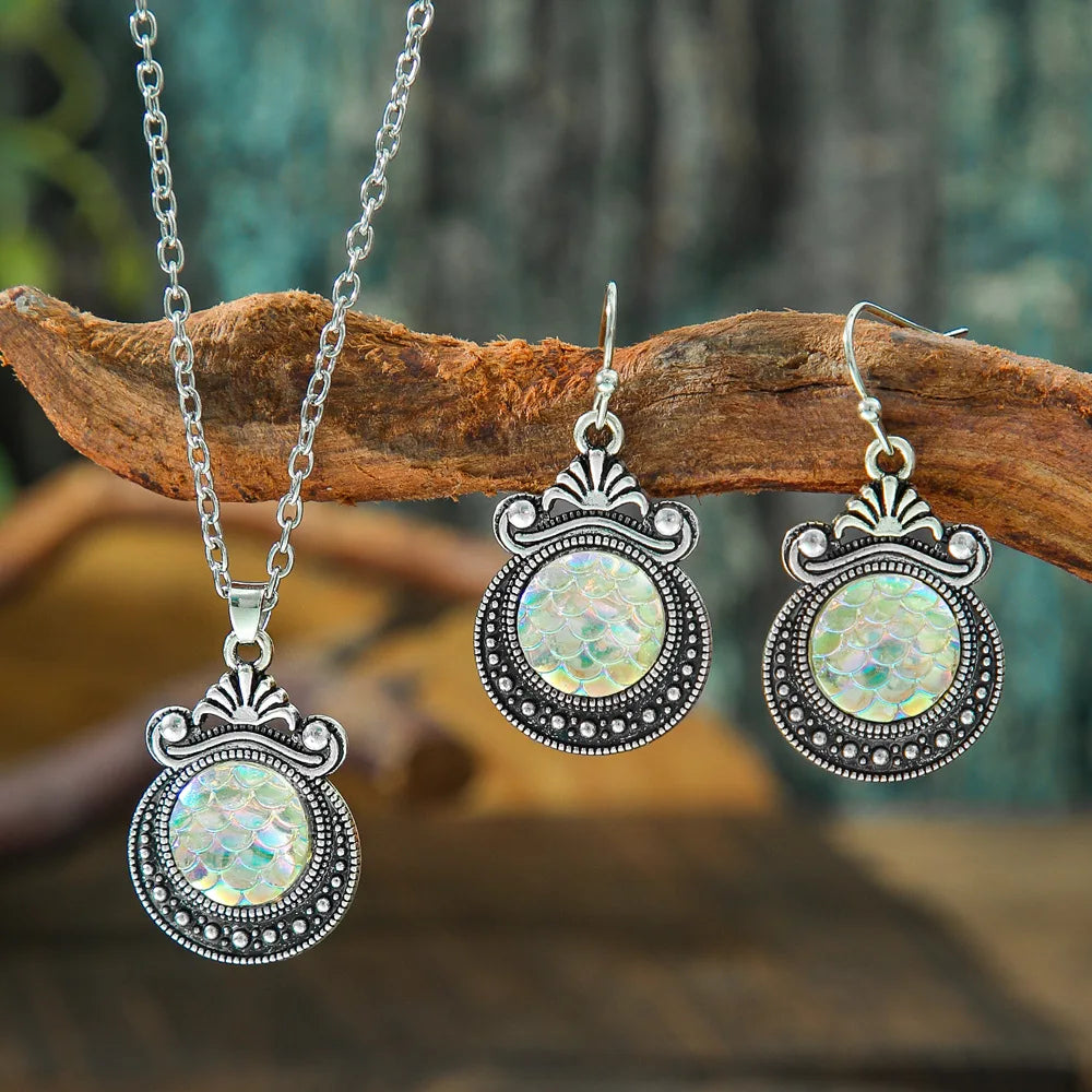 Kreative bunte Fischschuppenmuster Tropfen Halskette Ohrringe Set für Frauen Vintage ethnische geschnitzte einzigartige weibliche Schmuck Geschenk