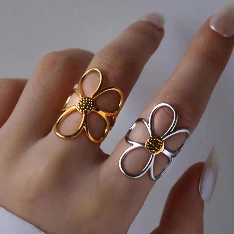 Hohle Gänseblümchen-Blumenringe aus Edelstahl für Damen, schlicht, goldfarben, silberfarben, offener Ring, antiallergisch, rostfrei, stilvoller Schmuck
