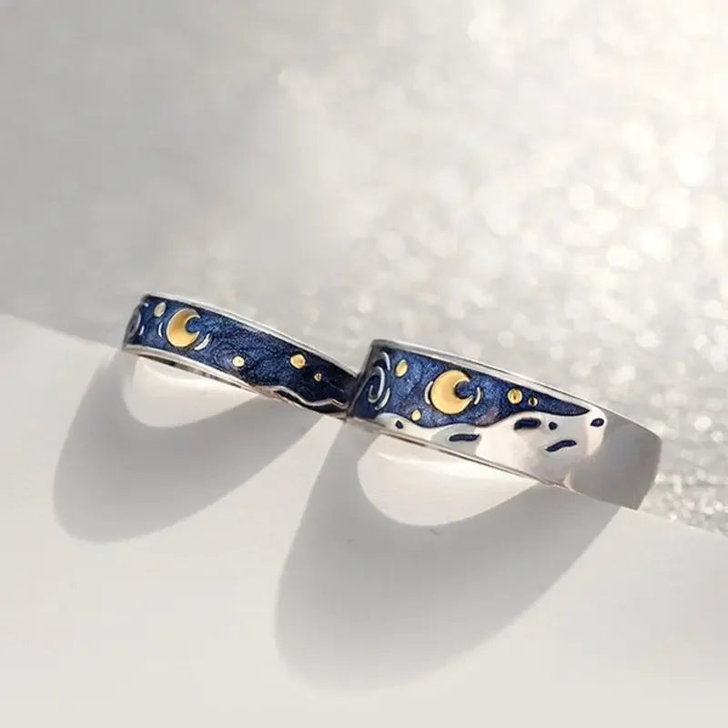 1/2 stücke romantische van Gogh Sternen himmel Ringe Liebhaber Paar Persönlichkeit öffnen Fingerring Männer Frauen Nacht Stern Mond Schmuck Geschenke