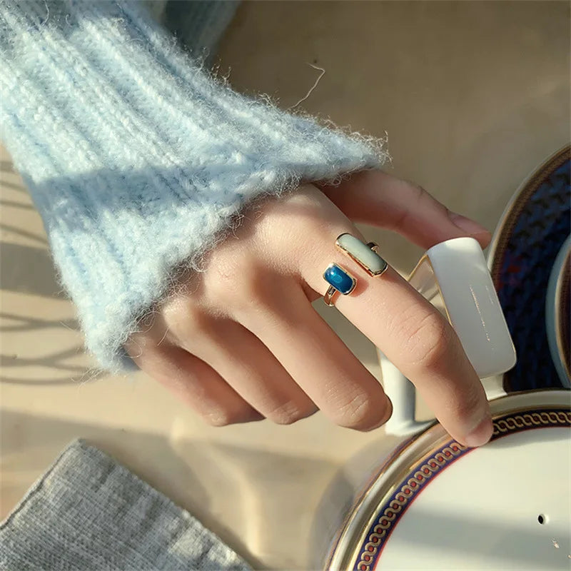 FTCY Quadratischer blauer Tropfglasur-Ring für Frauen, Retro, geometrisch, goldfarben, Metall-Öffnungsringe, Hochzeit, Geburtstag, Damenschmuck, Geschenk