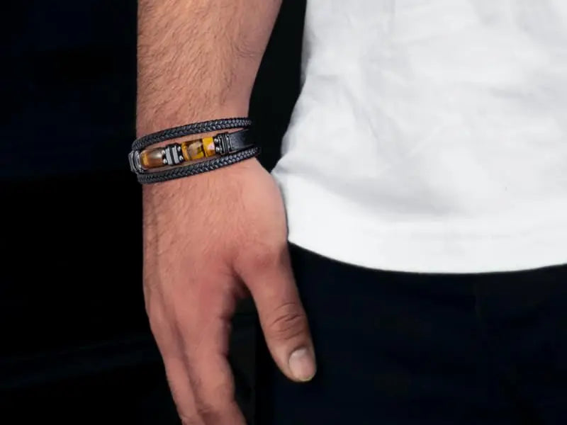 Tigerauge schwarzes Lederarmband Herren natürlicher Edelstein Kristall Stein Schmuck handgemachte Mut Stress Relief Schutz Armband