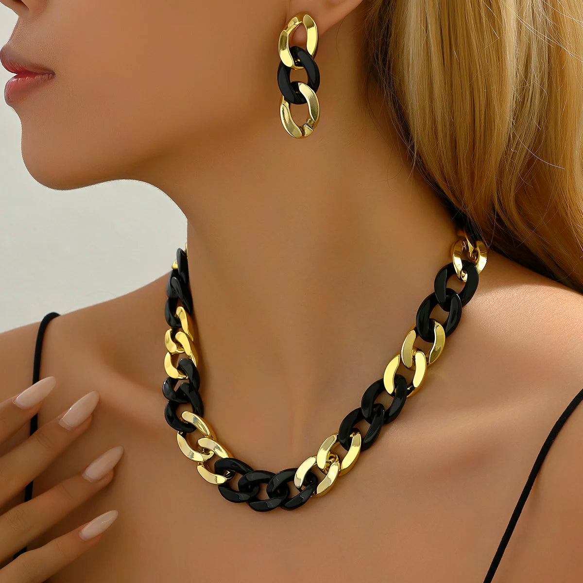 Y2K Vintage Dicke Kante Kubanische Gothic Ohrringe Halskette Für Frauen CCB Gold Farbe Kette Halsketten Charme Party Schmuck set