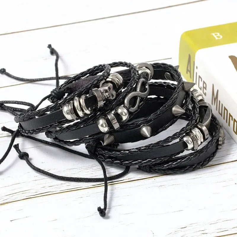 5-teiliges DIY-Armband-Set aus geflochtenem Metall im Punk-Stil, mit Pu-Leder und Perlen