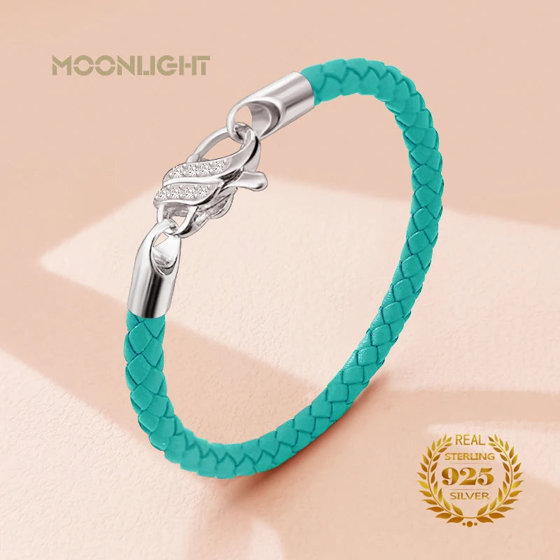 Neues Design S925 Sterling Silber Armband für Frauen Zirkonia Charme Geflochtenes Lederarmband Weiblichen Schmuck Weihnachtsgeschenk