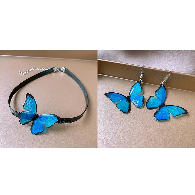 Blaue Schmetterling Halskette Armband Schmuck Set für Frauen Boho Leder Kette Choker Halskette Armreif Imitation Pealr Ohrringe