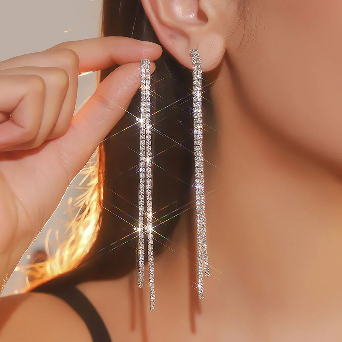 TREAZY Einfache Strass Kristall Quaste Lange Ohrringe für Frauen Glänzende Hochzeit Party Hängen Baumeln Ohrringe Braut Brincos