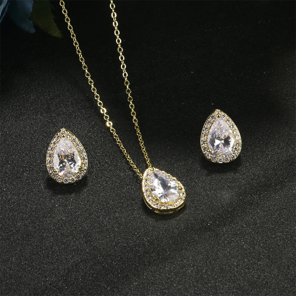 ZAKOL Klassisches Wassertropfen-Zirkonia-Hochzeitsschmuck-Set für Frauen, glänzender AAA-Kubikzirkon, Ohrringe, Halskette, Schmucksets, Geschenk