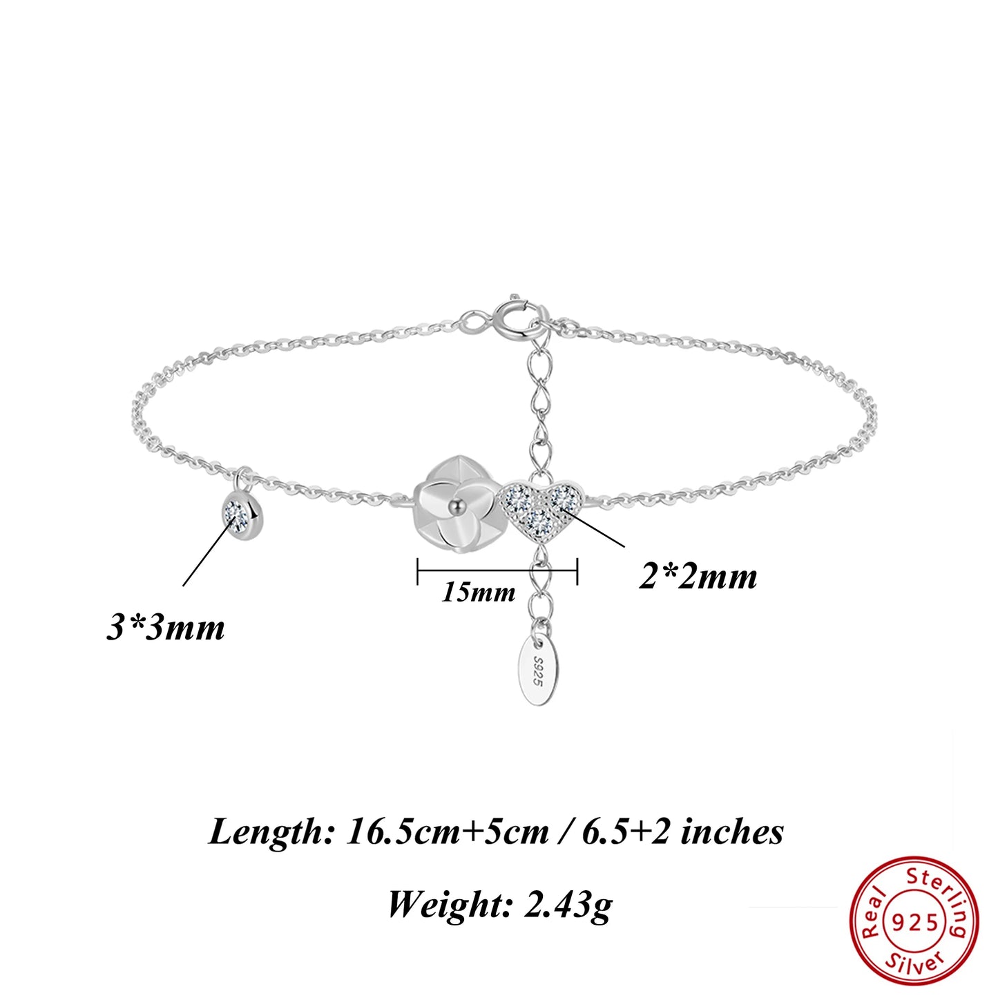 ORSA JEWELS Herz-Zirkonia-Kettenarmband aus 925er-Sterlingsilber, O-Kette, Blumendesign, Naturstil, trendige Damen-Accessoires APB09