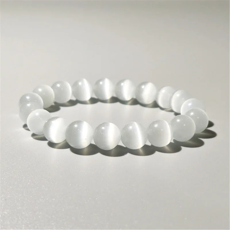 100 % natürliches weißes Katzenaugen-Stein-Armband für Damen, 6/8/10 mm, glattes Perlenarmband, Geschenke für Liebhaber, Mondstein-Armband