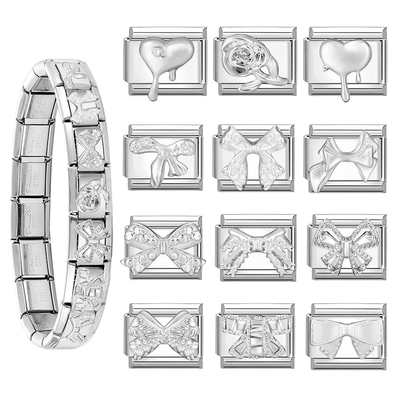 Y2K Schleife Knoten Herz Rose Blumen Schmetterling 3D schlichtes Design italienische Charm Links passen 9MM Edelstahl Armband Frauen DIY machen