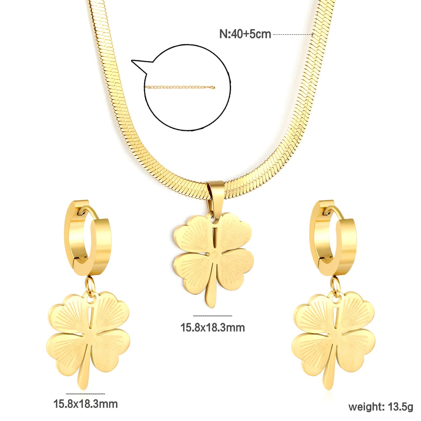 Vierblättriges Kleeblatt für Damen, Halskette, Armband, Ohrringe, Edelstahl, flache Schlangenkette, Halsband für Damen und Mädchen, Modeschmuckset