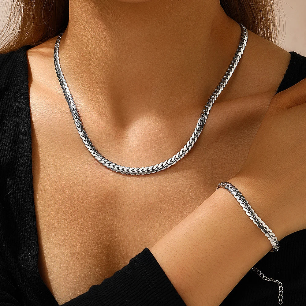 DOTIFI Edelstahl Einfache Flache Kubanische Kette Armband Halskette Schmuck-Set 18k Gold Überzogene Mode Dicke Kette Mode Schmuck