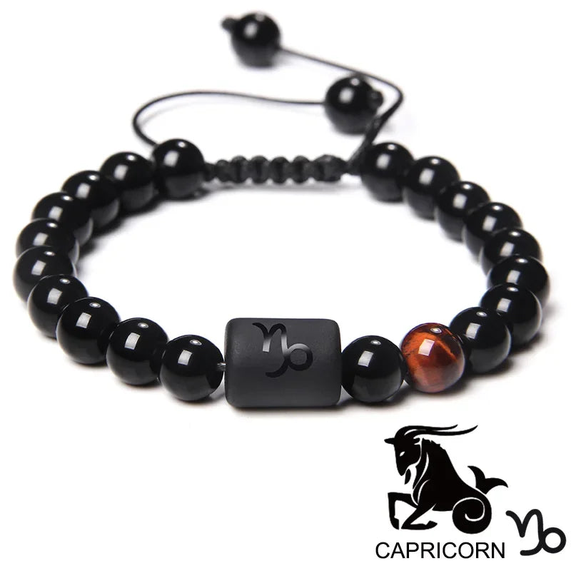 12-Sternbild-Sternzeichen-Armband, schwarze Onyx-Perlen, Krebs-Löwe, Onyx, geflochtenes Armband für Damen und Herren, Paare, Schmuck, Geschenk
