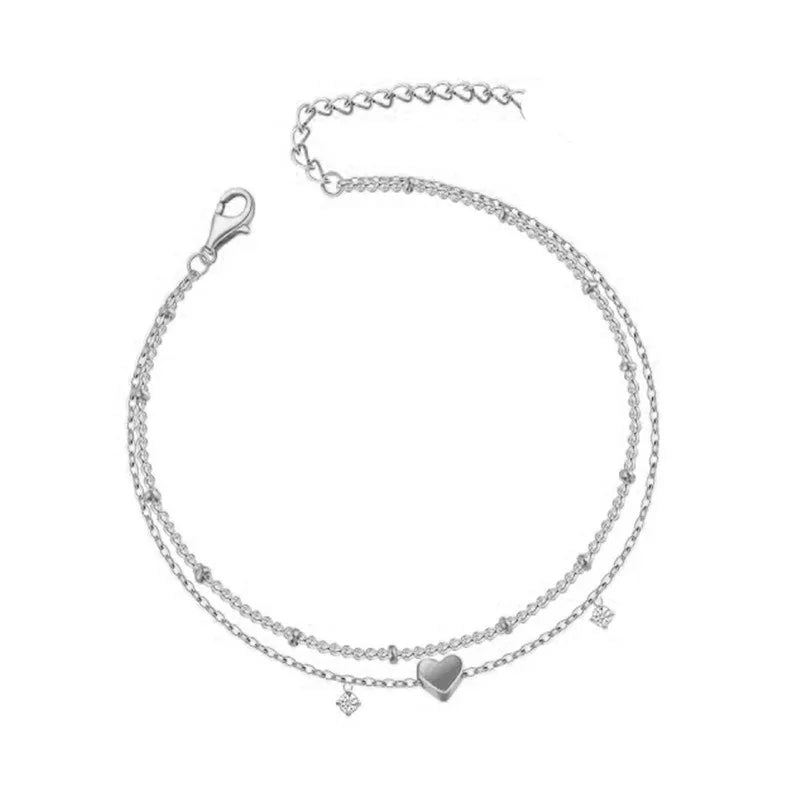 Wasserdichtes Fußkettchen-Armband für Damen, zierliche Edelstahl-CZ- und Herz-Charm-Fußkettchen mit zierlicher Schichtkette für Teenager-Mädchen im Trend
