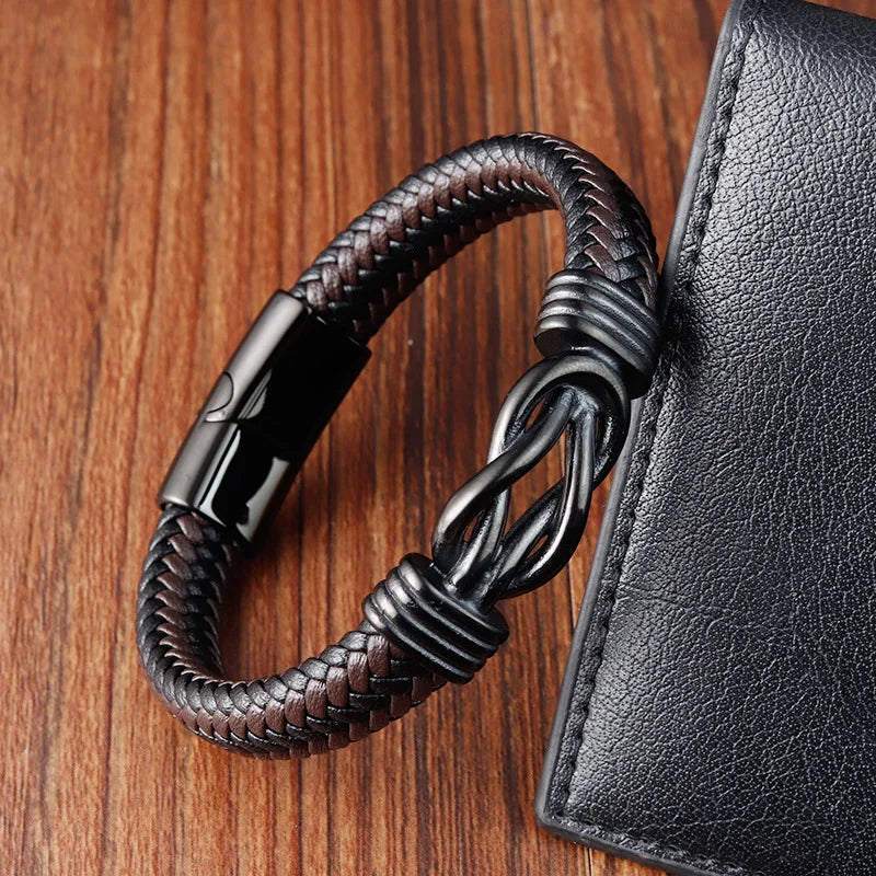 Klassisches Edelstahl-Lederarmband für Herren, Kettenarmband, Business-Charm, Schmuckzubehör für Papa und Freund