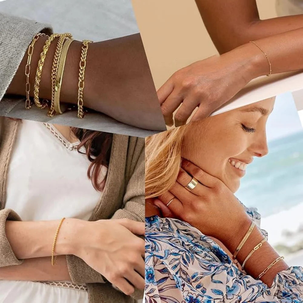 MEDFOLY Goldarmbänder für Frauen, zierlich, 14 Karat vergoldet, wasserdicht, verstellbares Glied, Figaro, kubanisches Büroklammer-Kettenarmband, Geschenke