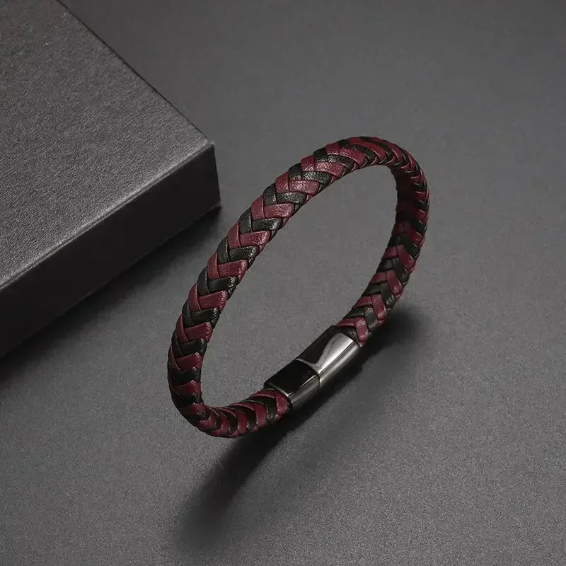 Klassisches einlagiges schwarzes handgewebtes Lederarmband mit Metall-Magnetverschluss, Herrenmode, Business-Schmuck, Geschenk