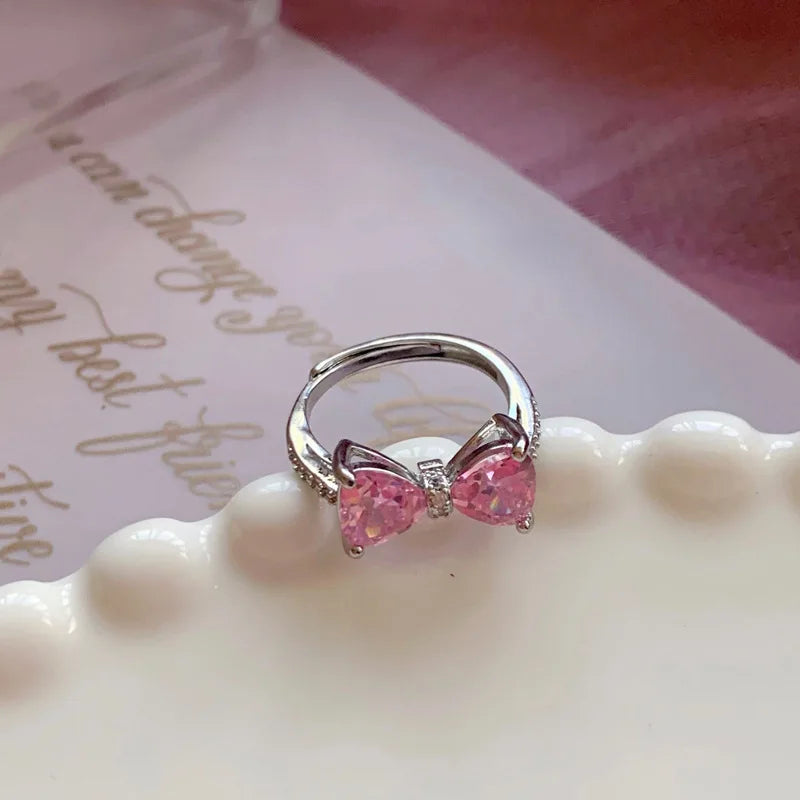 Mode Romantische Rosa Kristall Bowknot Ringe Süße Exquisite Y2K Öffnung Finger Ring Mädchen Geburtstag Party Schmuck Zubehör