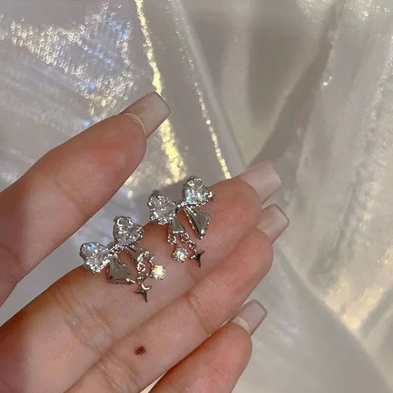 Koreanische Schleifen Ohrring mit weißem Zirkon Damenmode Niedliche rosa Kristall Ohrstecker Y2k Ohrring für Mädchen Party Schmuck Geschenke