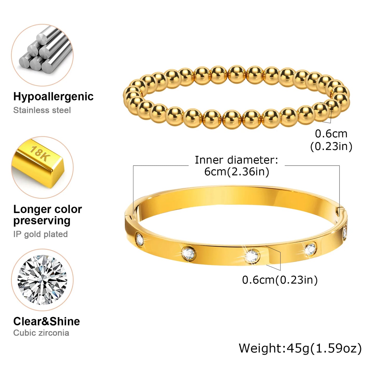 Vnox 2–8 mm Damen-Armbänder-Set, einfache gestapelte vergoldete Edelstahl-Perlen-Armbänder, glamouröse Liebesgeschenk-Manschettenarmbänder für Sie