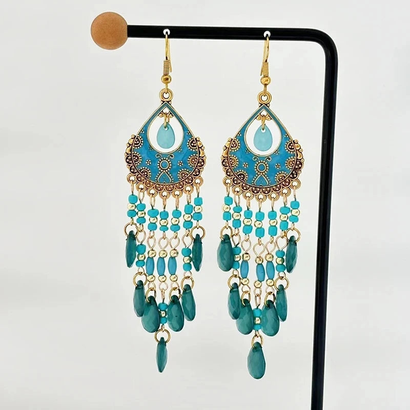 Bohemian Lange Bunte Quaste Perlen Wasser Tropfen Baumeln Ohrringe Für Frauen Vintage Gold Farbe Tropfen Glasur Ohrringe Pendientes Mujer