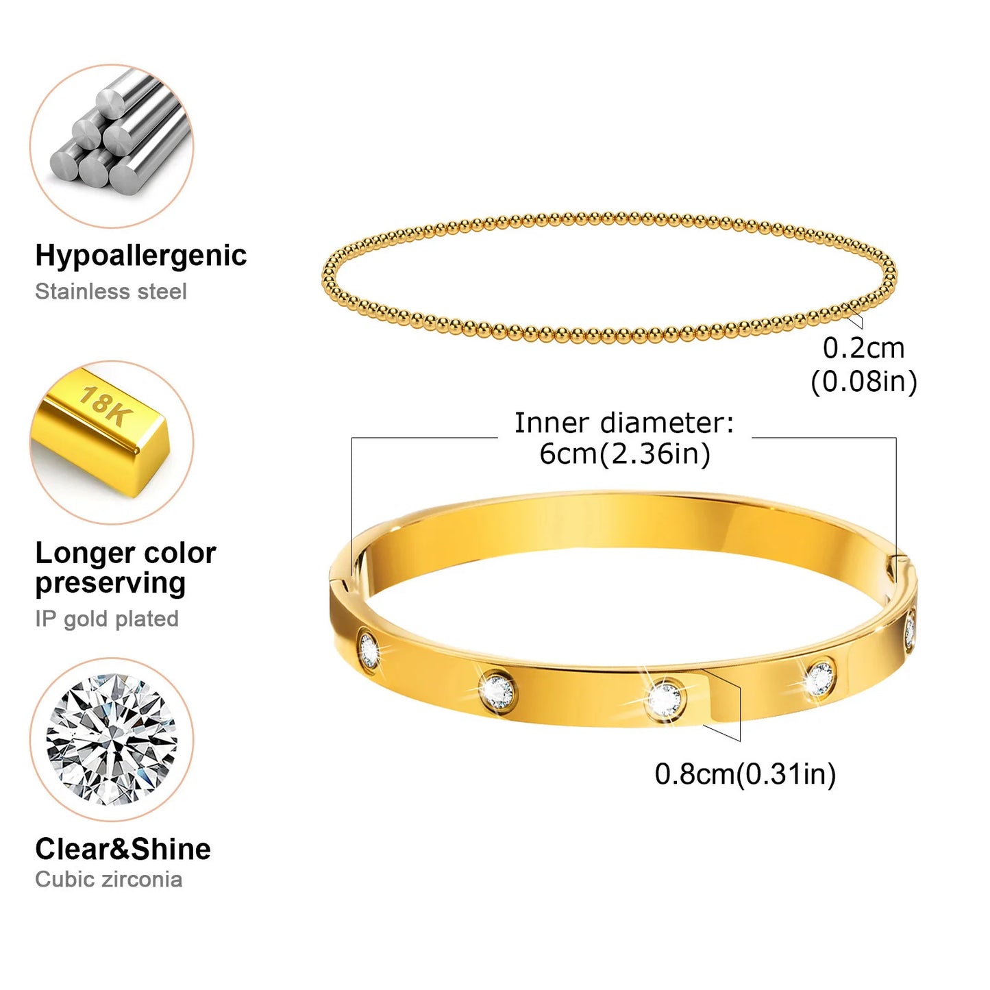 Vnox 2–8 mm Damen-Armbänder-Set, einfache gestapelte vergoldete Edelstahl-Perlen-Armbänder, glamouröse Liebesgeschenk-Manschettenarmbänder für Sie