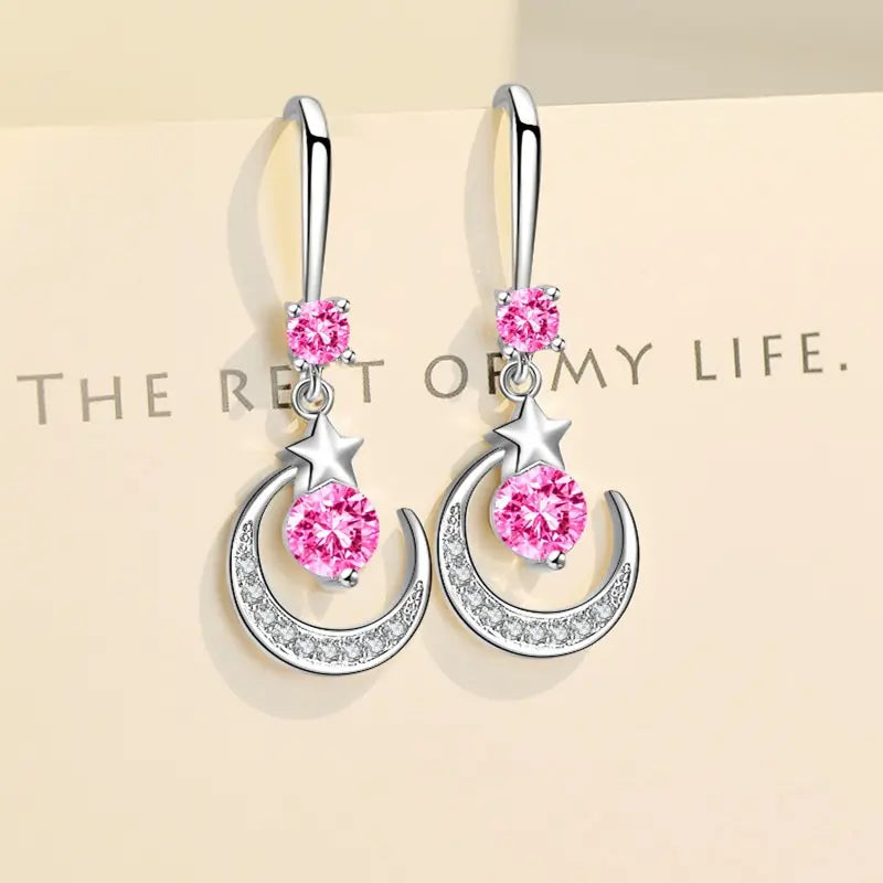 Weibliche Mode Stern Mond Ohrringe 925 Sterling Silber Weißer Saphir Rosa Blau Weiß Künstliche Baumeln Ohrringe
