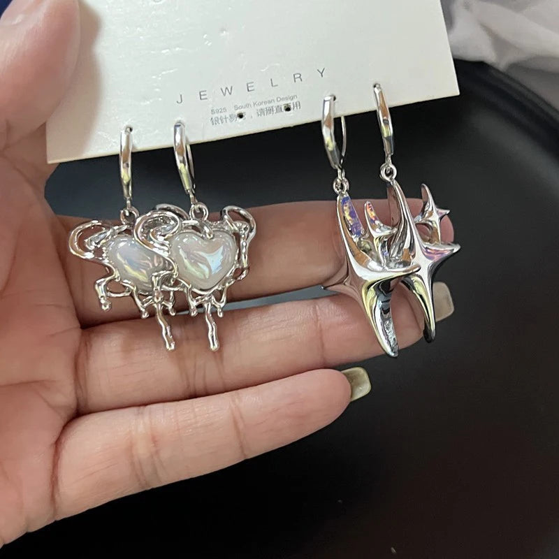 Einfache Silber Farbe Stern Ohrringe für Frauen Opal Stein Herz Creolen Punk Y2K Nette Tägliche Tragen Schmuck Party Geschenke