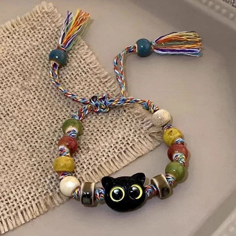 Vintage süßes großes Auge Katze Paar Armband mit Totenkopf bunte Quasten Keramik geflochtene Seil Armbänder Mode Frauen Schmuck Geschenk