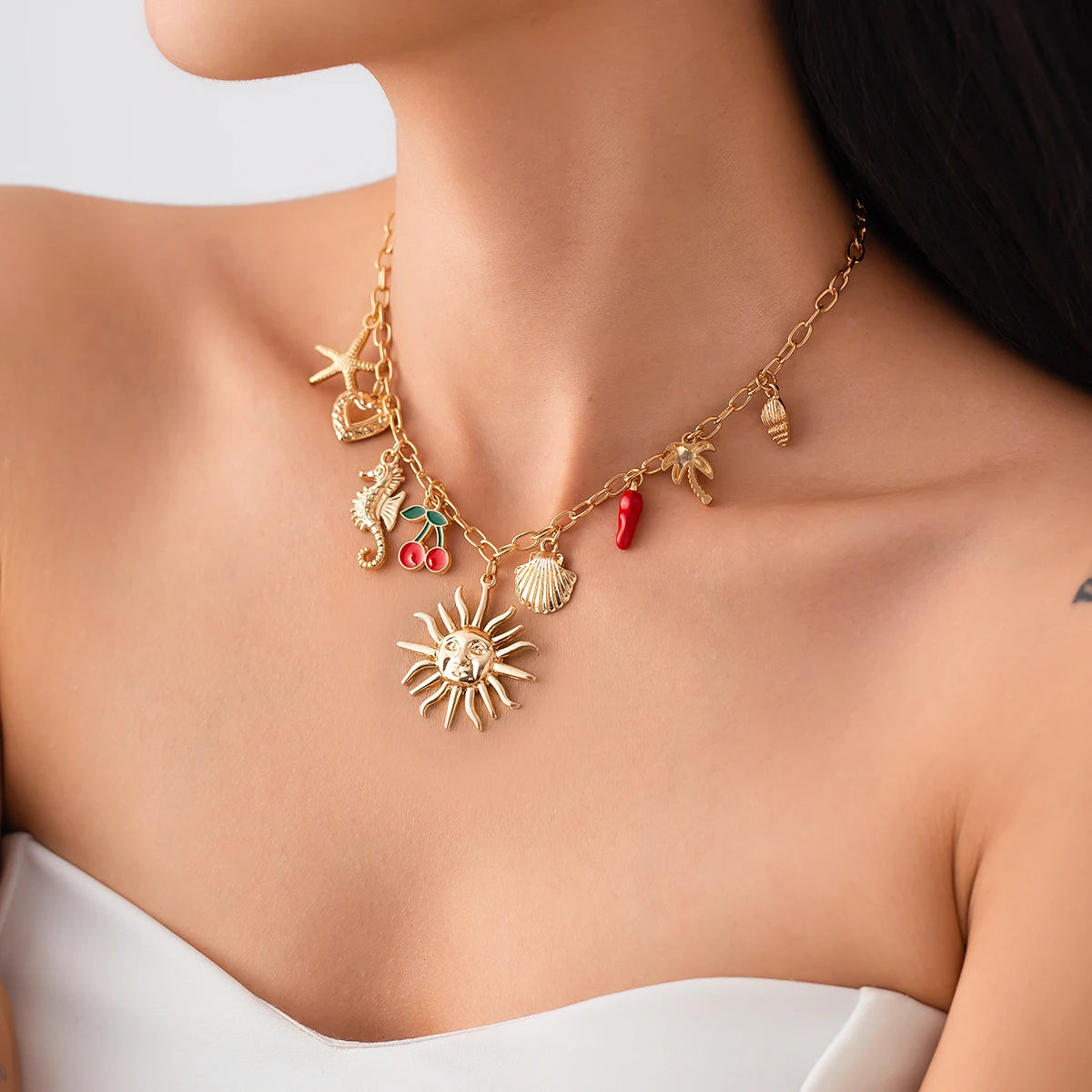 Salircon Sonne Seestern Jakobsmuschel Anhänger Halskette für Frauen Vintage Conch Sommer Strand Feiertage Gold Farbe Kette Schmuck Geschenk