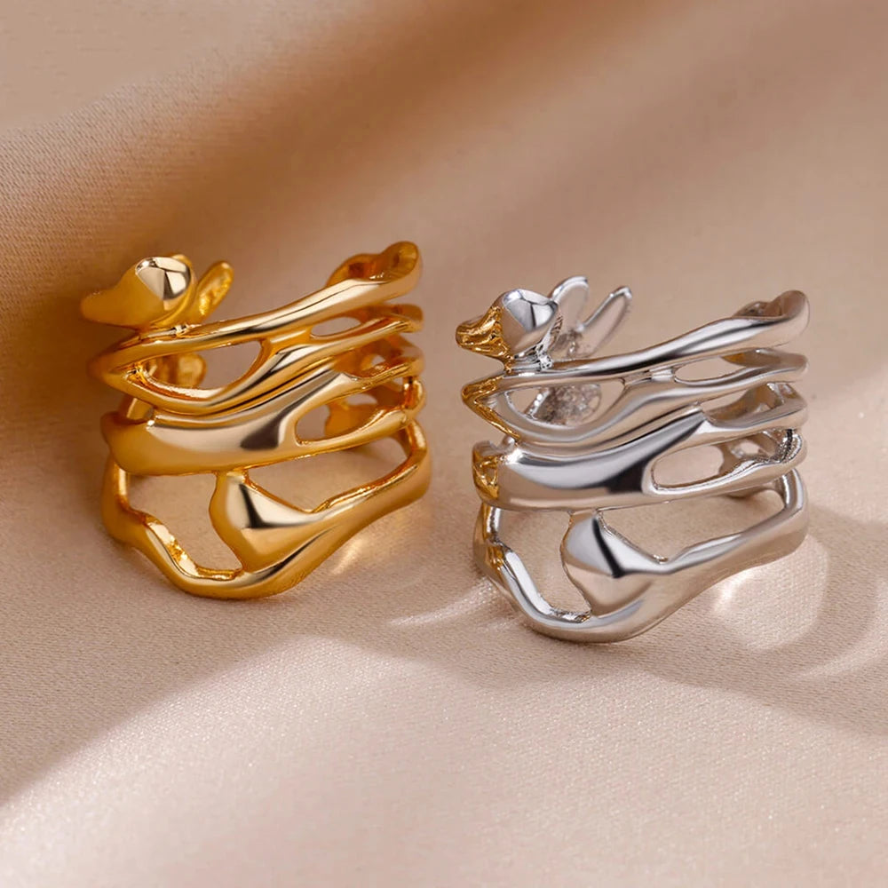 Edelstahl Ringe Für Frauen Männer Gold Farbe Hohl Weit Offenen Ring Weiblich Männlich Mode Hochzeit Party Finger Schmuck Geschenk 2024