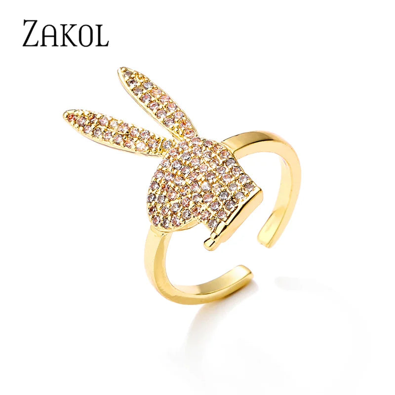 ZAKOL Niedliche Kaninchen-offene Ringe für Damen, modisch, Weißgold, Party-Schmuck, 2023, Neu