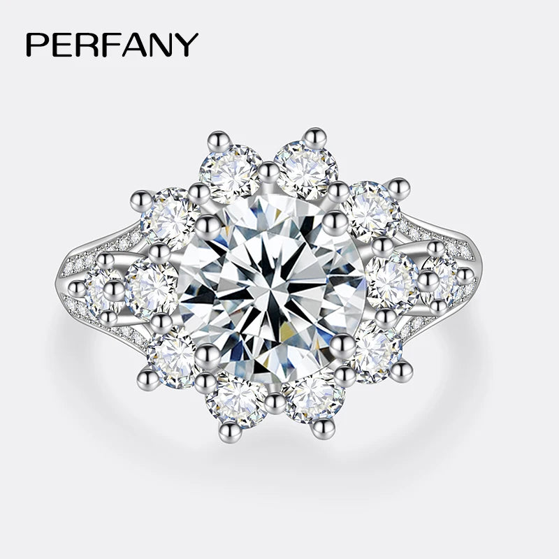 PERFANY 3CT Sonnenblumen-Moissanit-Ring für Damen, S925 reines Silber vergoldet, 18 Karat Weißgold, Diamant, luxuriöser Hochzeitsschmuck