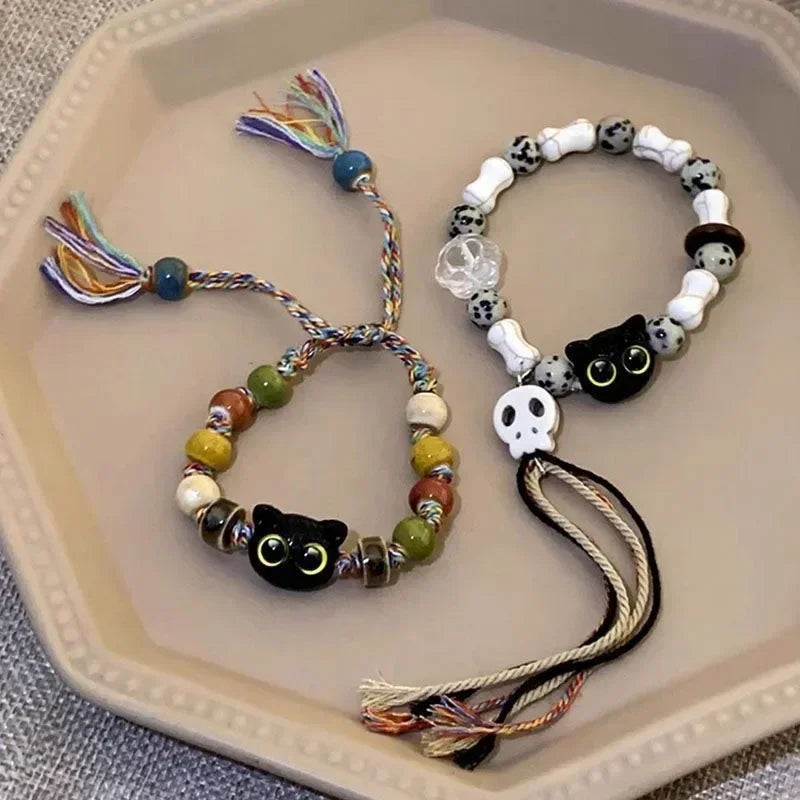 Vintage süßes großes Auge Katze Paar Armband mit Totenkopf bunte Quasten Keramik geflochtene Seil Armbänder Mode Frauen Schmuck Geschenk