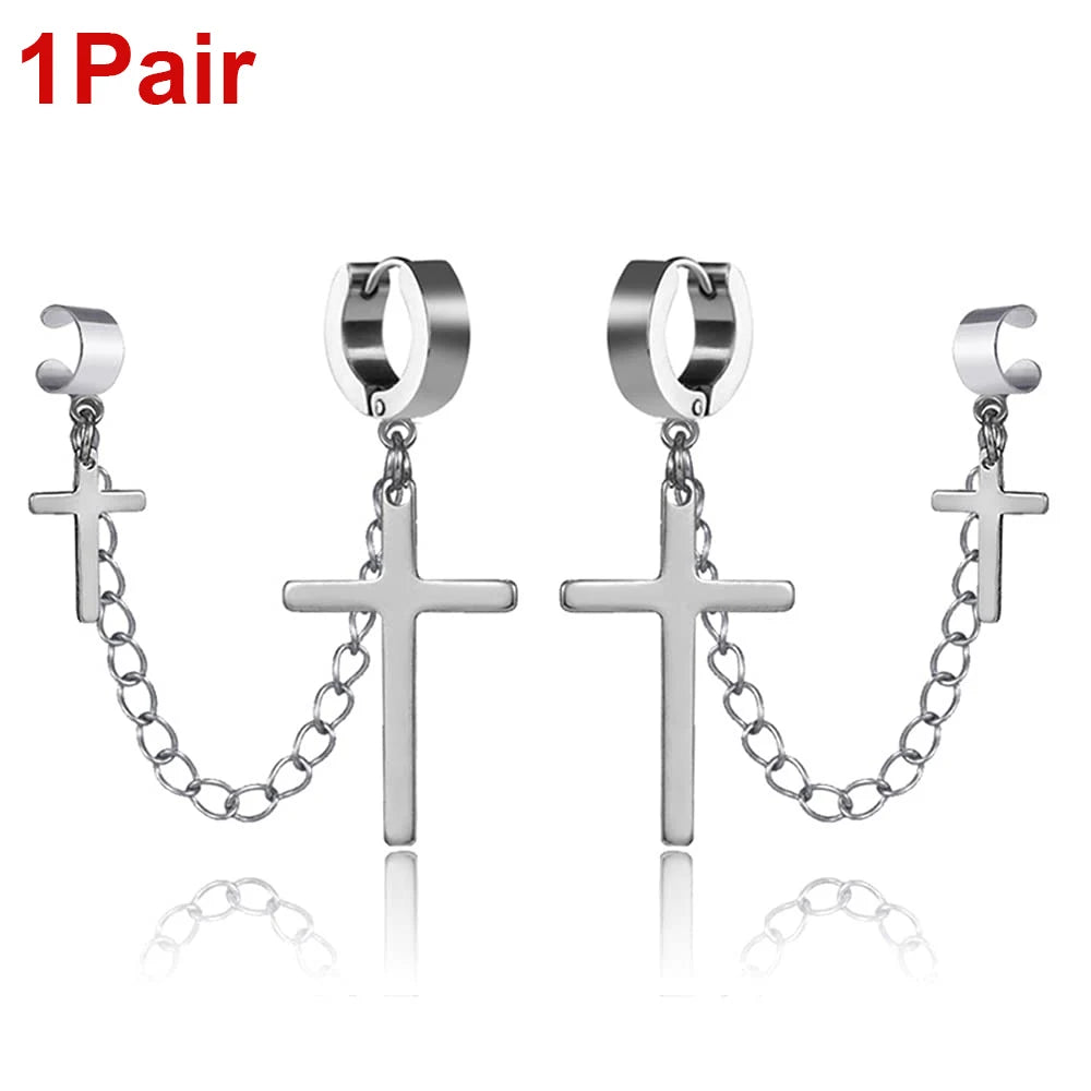 Punk Kreuz Quaste Ohrringe Frauen Integrierte Clip Stud Ohrring Christian Gothic Hip Hop Schmuck Metall Kette Ohr Ring Ohrring Männer