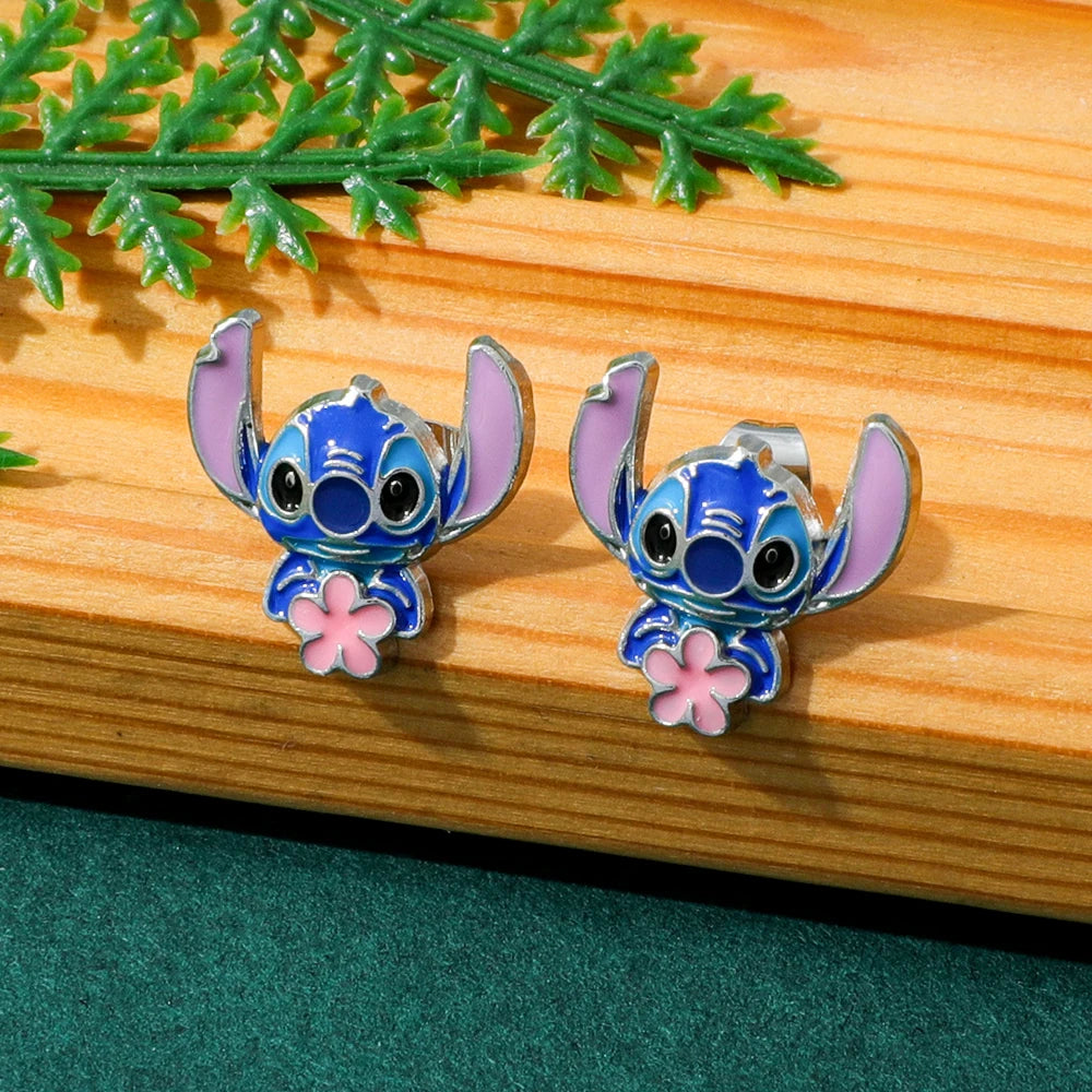 Disney-niedliche Cartoon-Stich-Ohrstecker mit Blumen-Ohrsteckern für Frauen und Teenager-Mädchen, schöne Ohr-Accessoires, Schmuckgeschenke für Fans