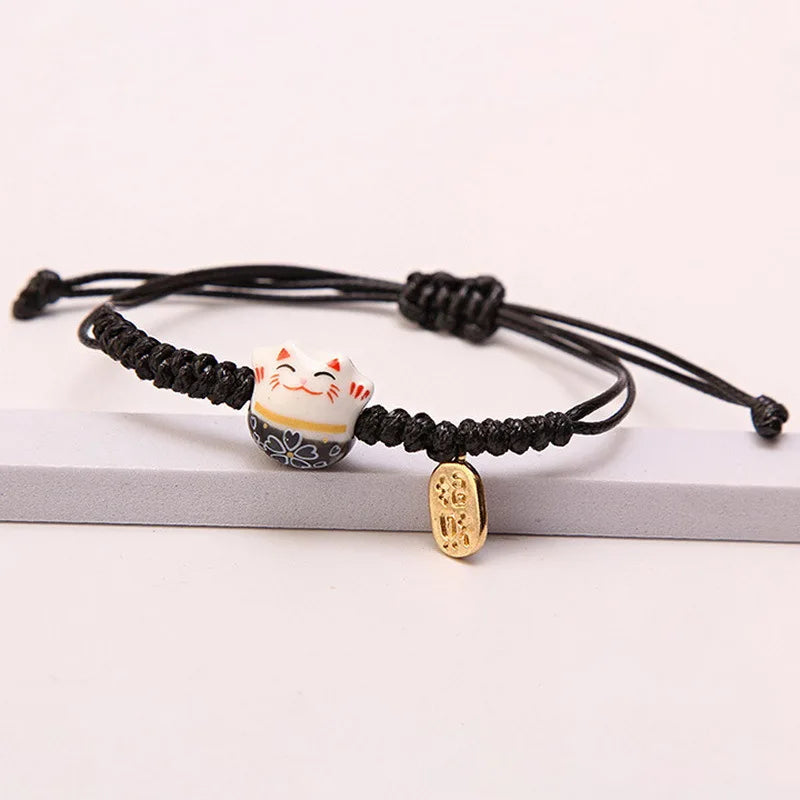 Einfaches geflochtenes Keramik-Glückskatze-Armband für Damen und Herren, mehrfarbig, niedliches Tier, handgestrickt, verstellbares Armband, Harajuku-Schmuck