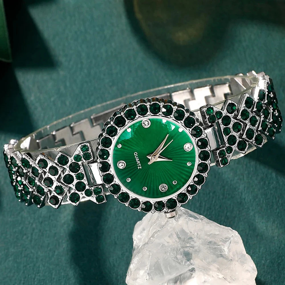 Frauen Mode Uhren Herz Strass Ring Halskette Ohrring Schmuck Set Luxus Kleid Quarz Armbanduhr einfache elegante Uhr GIF