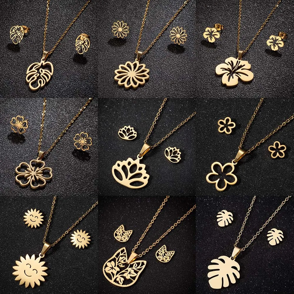 Set Schmuck Edelstahl Frau Boho Vintage Monstera Blätter Blume Pflanze Diy Anhänger Charms Ohrringe Und Halskette Set