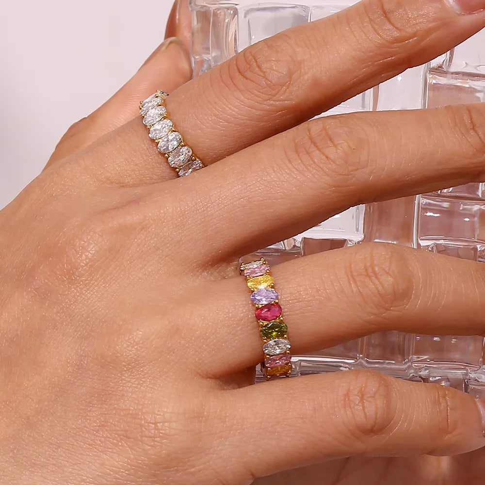 1Pc Trendy Edelstahl 18K Gold Überzogene Oval Zirkonia Ringe Bunte Zirkon Frauen Ring Urlaub Partei Schmuck Mama geschenke