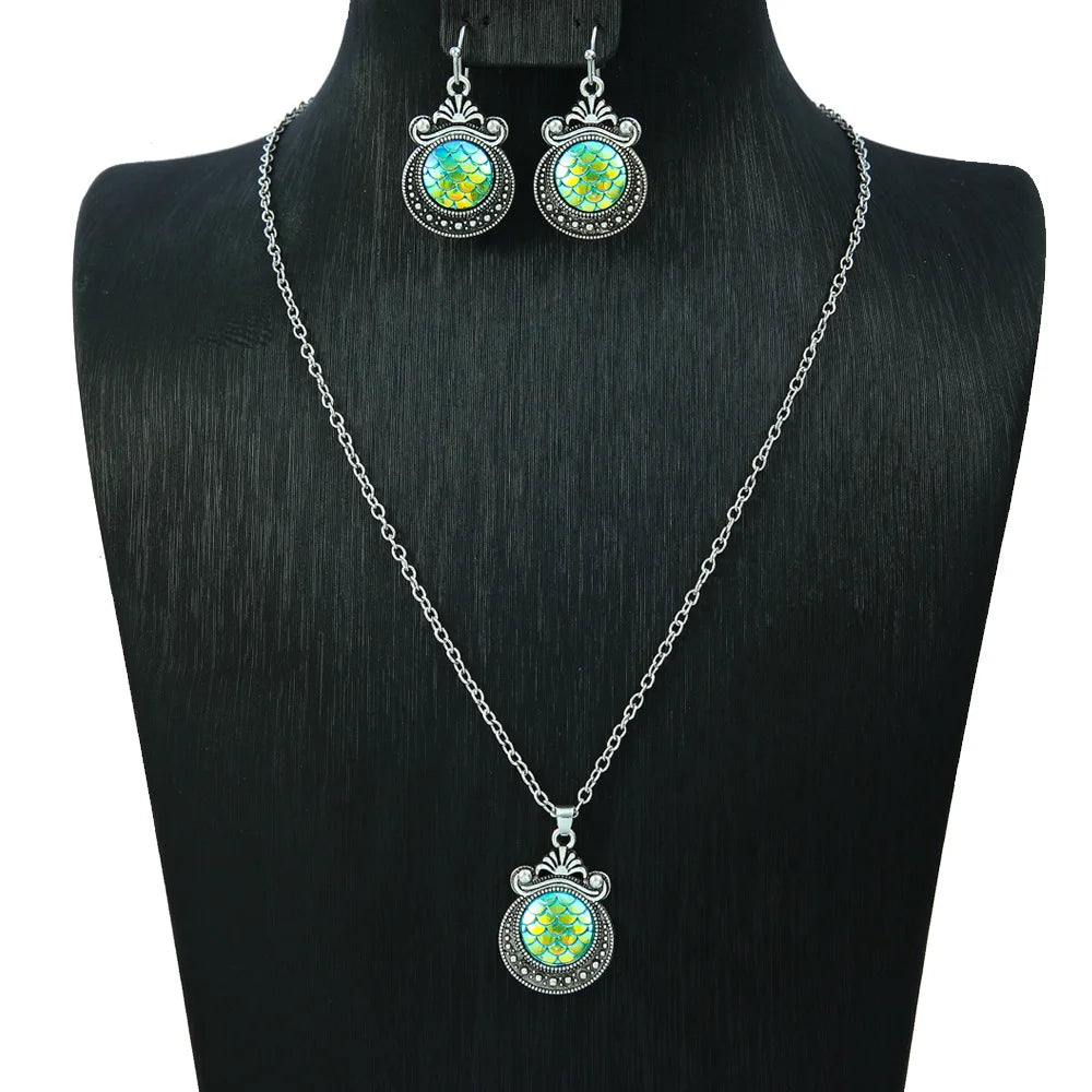 Kreative bunte Fischschuppenmuster Tropfen Halskette Ohrringe Set für Frauen Vintage ethnische geschnitzte einzigartige weibliche Schmuck Geschenk