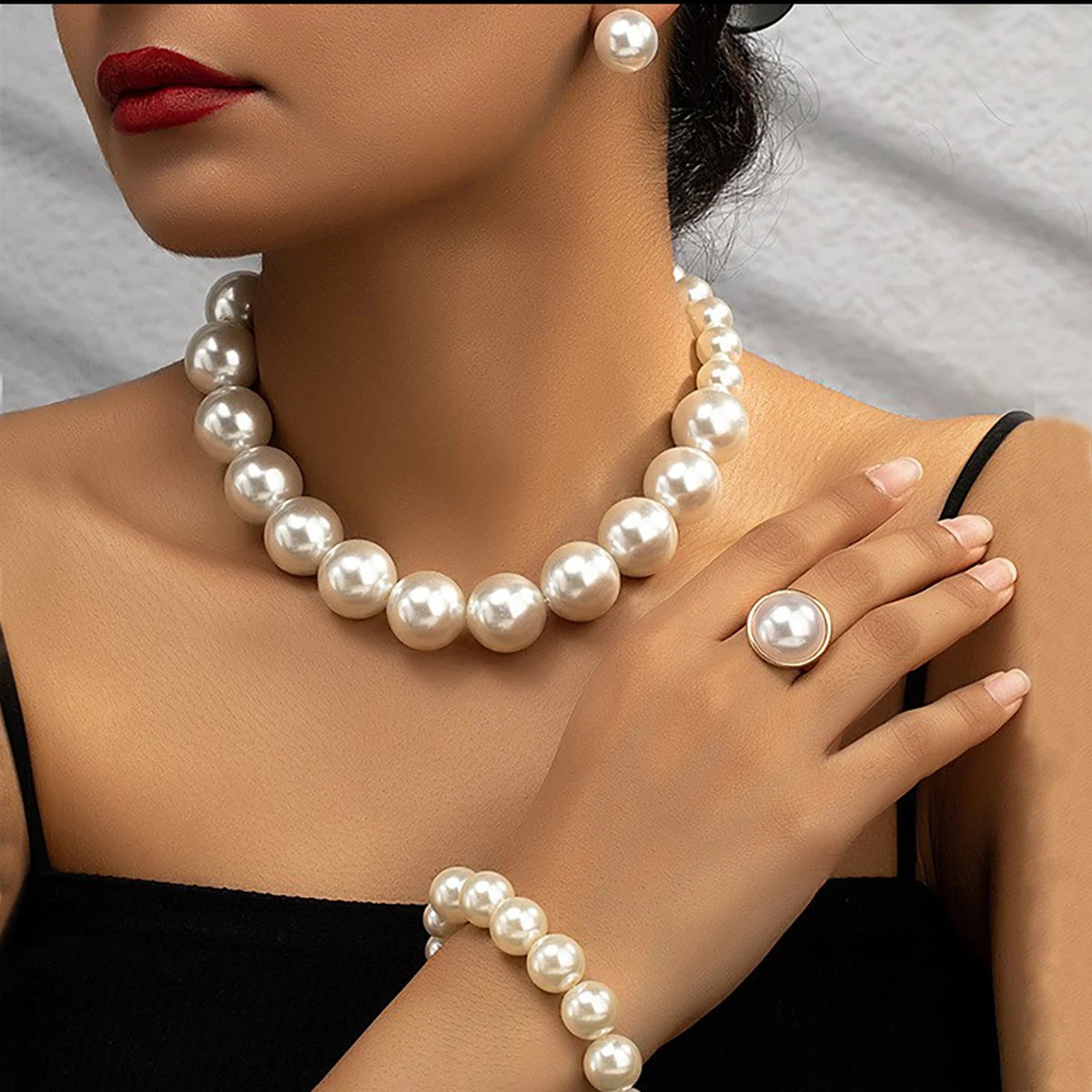 5 Damen Vintage Light Luxus Französisch 5-teilig Imitationsperlen Schmuck Mode Hochzeit Ohrring Armband Halskette Ring Set