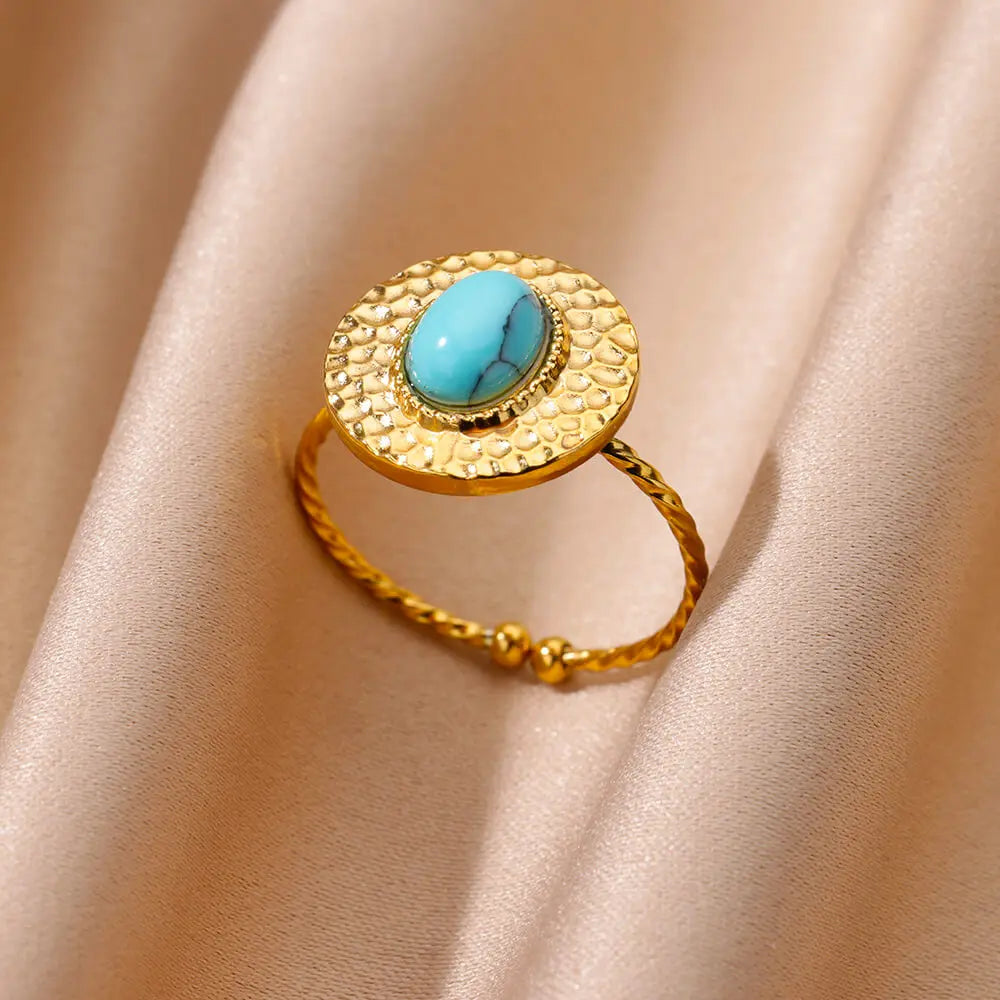 Gold Farbe Edelstahl Shell Ringe Für Frauen Vintage Oval Blau Stein Einstellbare Ring Fashion Party Schmuck Jahrestag Geschenk