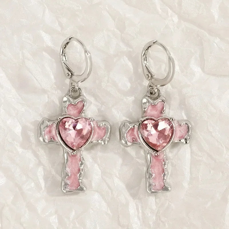 Neue Gothic Nette Harajuku Y2K Rosa Große Kreuz Anhänger Ohrringe Für Frauen Charme 2000er Jahre EMO Ästhetische Party Zubehör schmuck
